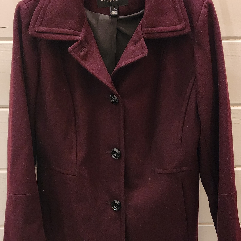 Women's London Fog Burgundy "Merlot" Single Breasted Wool Pea Coat, Size Large